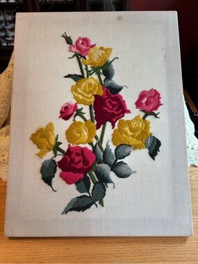 Vintage Paragon “Rose Fantasy” Crewel Embroidery Wall Art